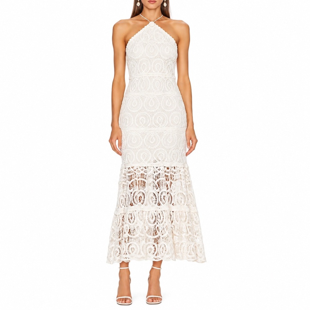 Alexis Yvonna White Lace Halter Midi Dress Tiered Eyelet Wedding Event Size S
